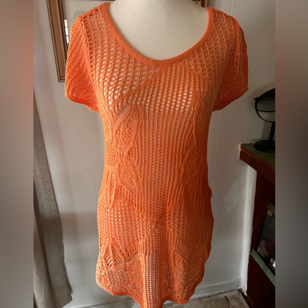 JEANNE PIERRE Vibrant Orange Knit Crochet Swim Coverup